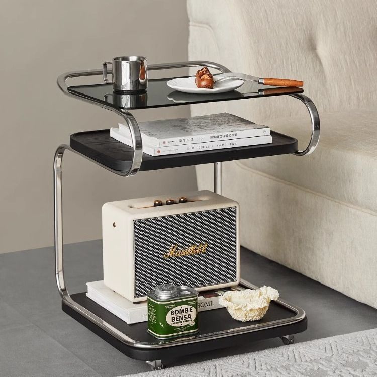 Retro Glass Iron 3-Tier Movable Side Table — Walnut Color