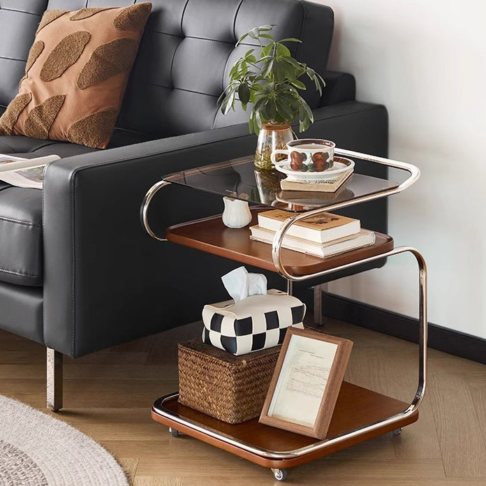 Retro Glass Iron 3-Tier Movable Side Table