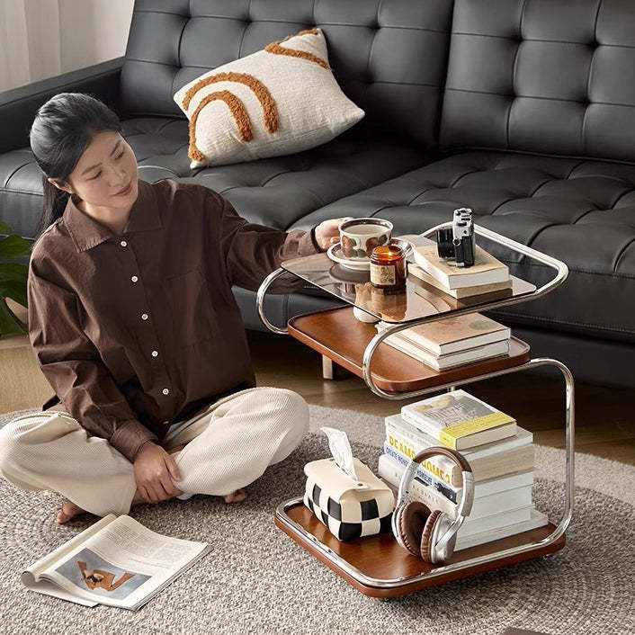 Retro Glass Iron 3-Tier Movable Side Table