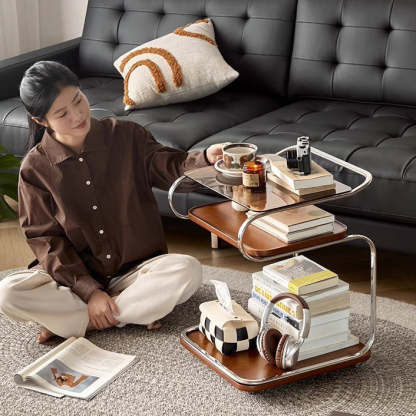 Retro Glass Iron 3-Tier Movable Side Table
