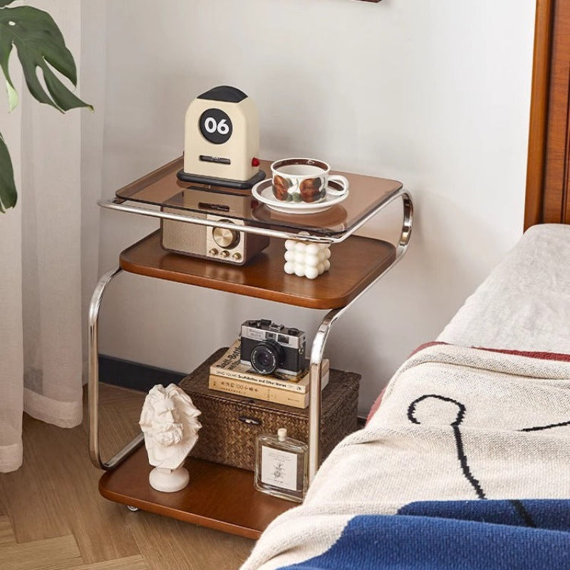 Retro Glass Iron 3-Tier Movable Side Table