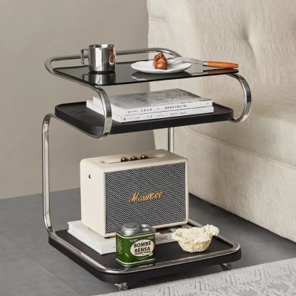 Retro Glass Iron 3-Tier Movable Side Table — Walnut Color
