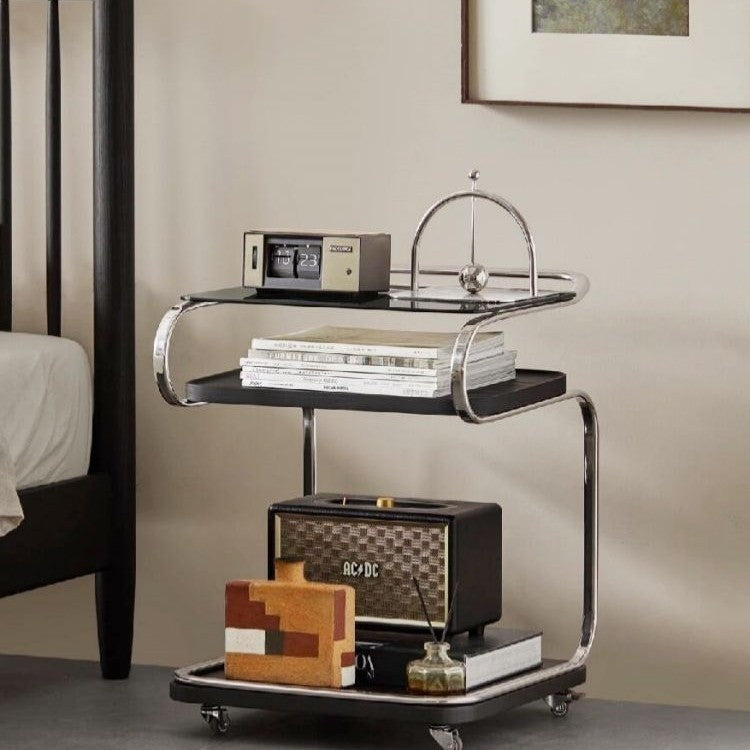 Retro Glass Iron 3-Tier Movable Side Table — Black