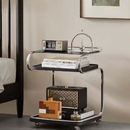 Retro Glass Iron 3-Tier Movable Side Table — Black
