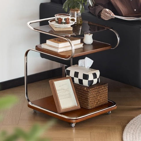 Retro Glass Iron 3-Tier Movable Side Table