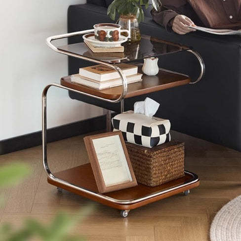 Retro Glass Iron 3-Tier Movable Side Table