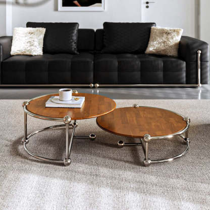 Retro Wood Stainless Steel Coffee Table Set — Walnut Color + Chrome