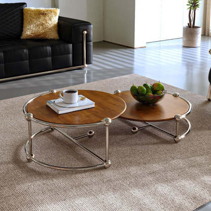 Retro Wood Stainless Steel Coffee Table Set