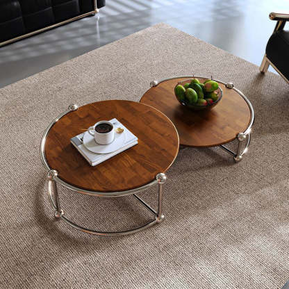 Retro Wood Stainless Steel Coffee Table Set
