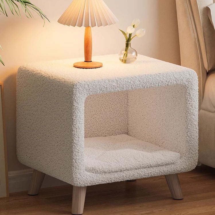 Modern Wool Wood Cat Nest Nightstand — White