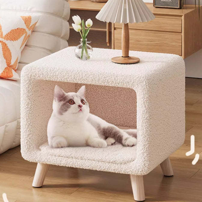 Modern Wool Wood Cat Nest Nightstand — Gray