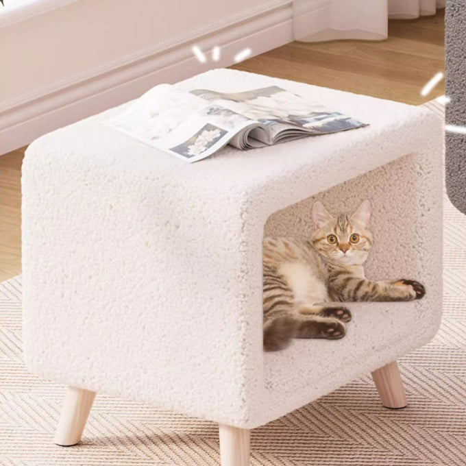 Modern Wool Wood Cat Nest Nightstand — White
