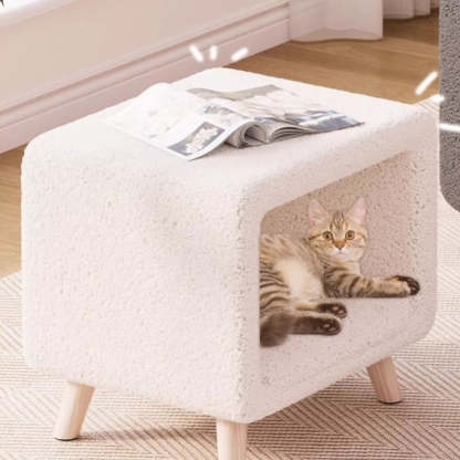 Modern Wool Wood Cat Nest Nightstand — White