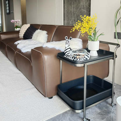Modern Saddle Leather 2-Tier Movable End Cart — Dark Brown