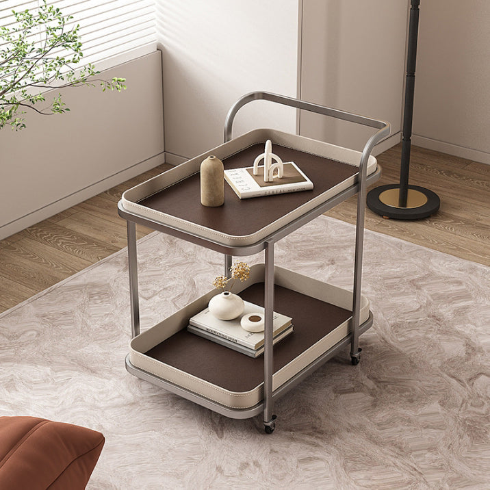 Modern Saddle Leather 2-Tier Movable End Cart — Light Coffee Color + Orange