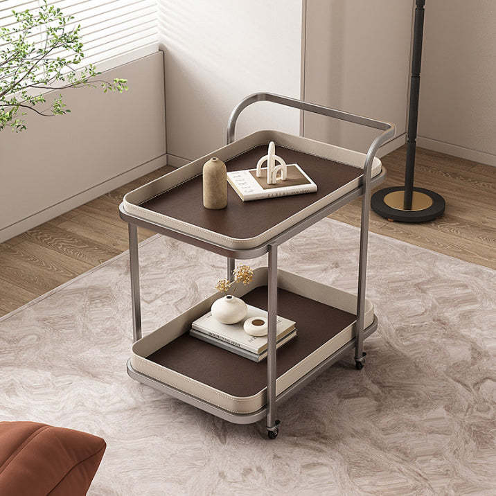 Modern Saddle Leather 2-Tier Movable End Cart — Light Coffee Color + Orange