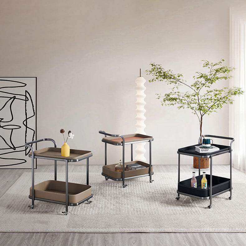 Modern Saddle Leather 2-Tier Movable End Cart — Light Coffee Color