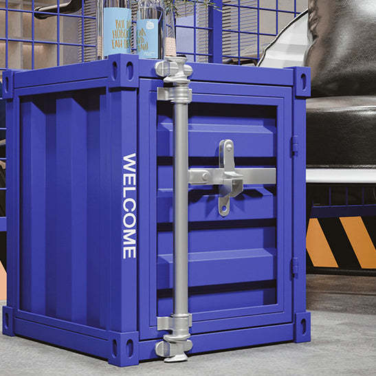 Industrial Iron Container Storage End Table — Dark Blue