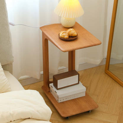 Modern C-Shaped Hollow Rubber Wood Movable 2-Tier End Table