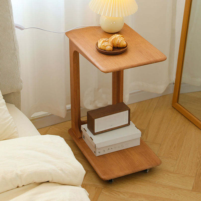 Modern C-Shaped Hollow Rubber Wood Movable 2-Tier End Table