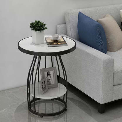 Nordic Slate Iron Round 2-Tier Side Table — Snow-Capped Mountain Stone / Black