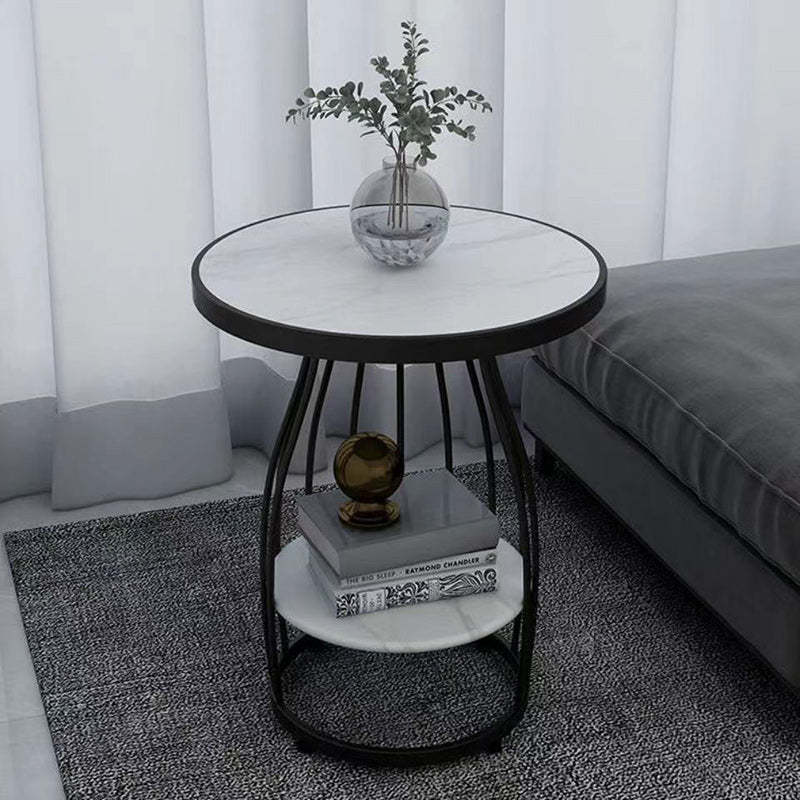 Nordic Slate Iron Round 2-Tier Side Table — Snow-Capped Mountain Stone / Gold