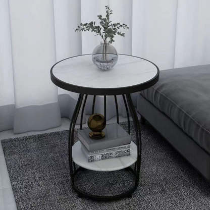 Nordic Slate Iron Round 2-Tier Side Table — Snow-Capped Mountain Stone / Gold