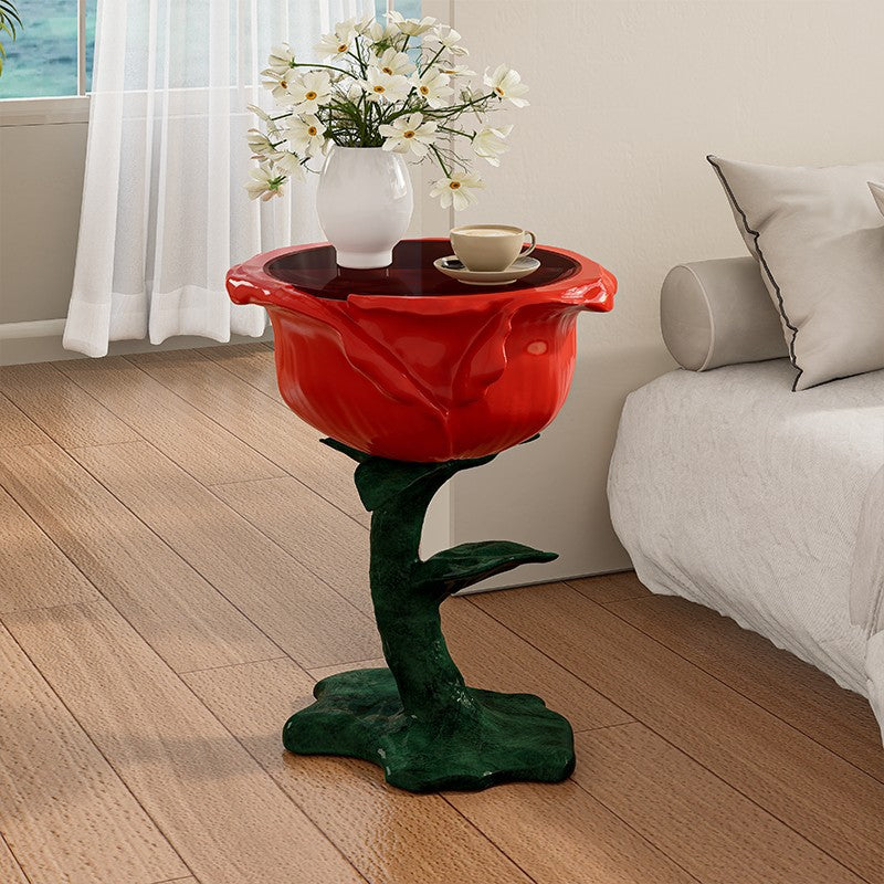 French FRP Glass Rose Storage End Table
