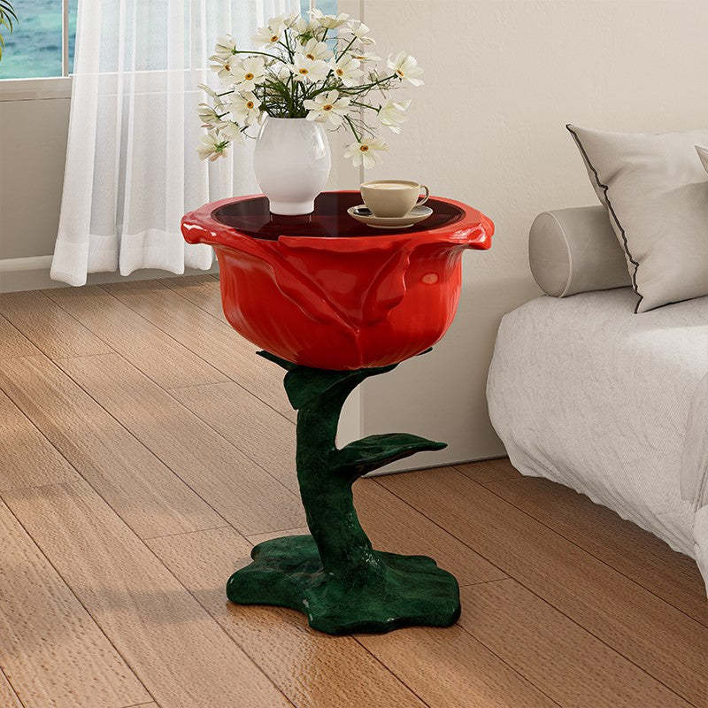 French FRP Glass Rose Storage End Table