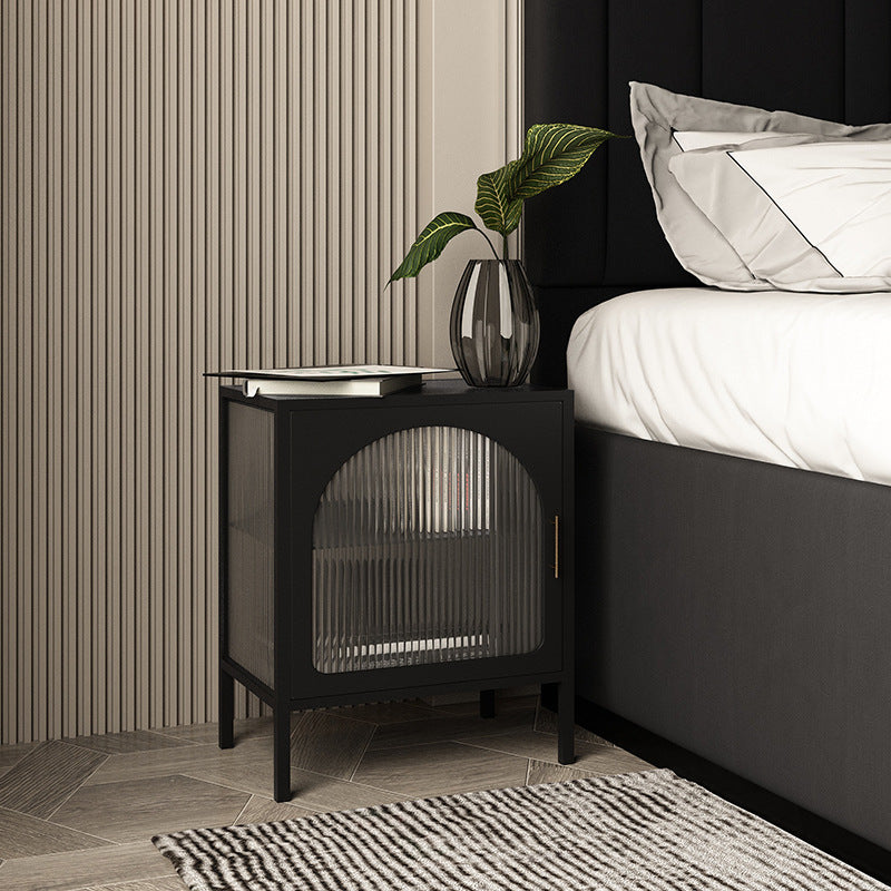 Nordic Striped Glass Iron 2-Tier Nightstand — White / Left-hand Door