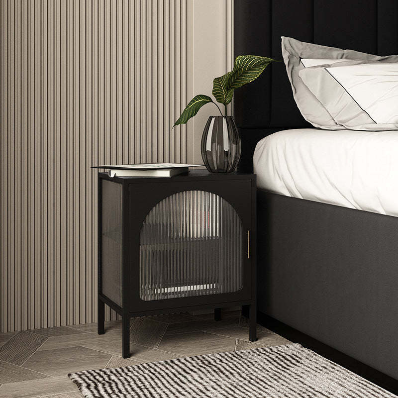 Nordic Striped Glass Iron 2-Tier Nightstand — White / Left-hand Door
