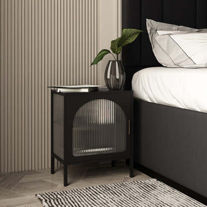 Nordic Striped Glass Iron 2-Tier Nightstand — White / Left-hand Door