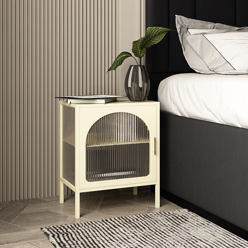 Nordic Striped Glass Iron 2-Tier Nightstand — White / Right-hand Door