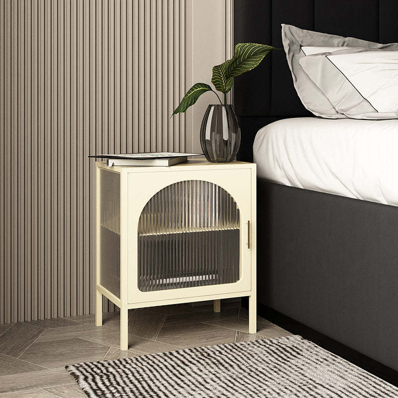 Nordic Striped Glass Iron 2-Tier Nightstand — White / Right-hand Door