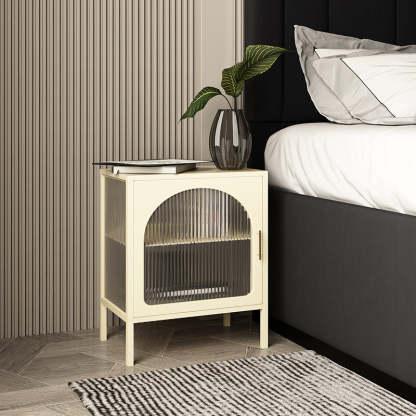 Nordic Striped Glass Iron 2-Tier Nightstand — White / Right-hand Door