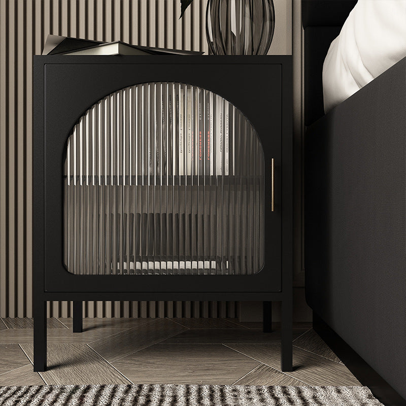 Nordic Striped Glass Iron 2-Tier Nightstand — Black / Right-hand Door