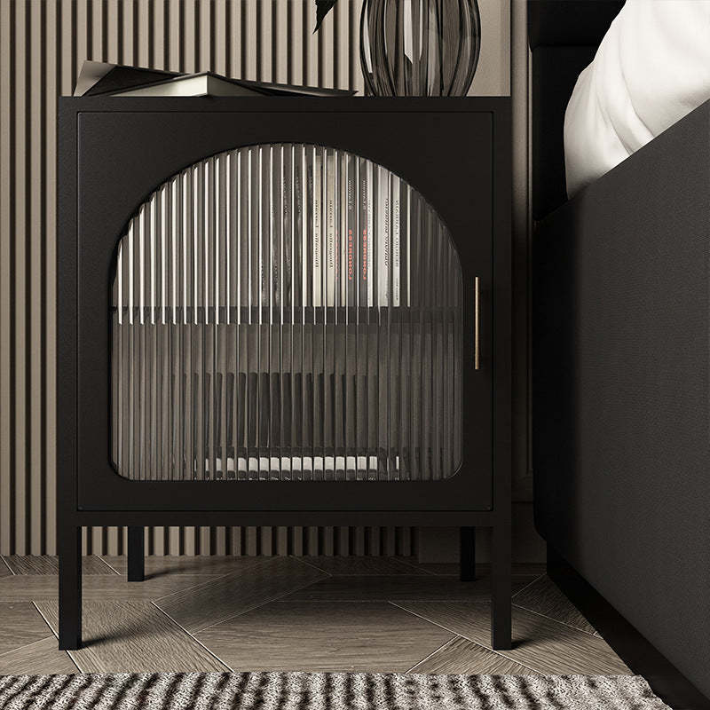 Nordic Striped Glass Iron 2-Tier Nightstand — Black / Right-hand Door