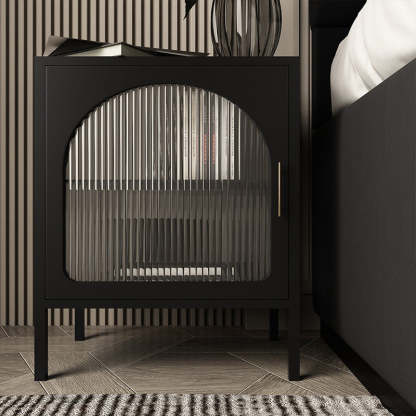 Nordic Striped Glass Iron 2-Tier Nightstand — Black / Right-hand Door