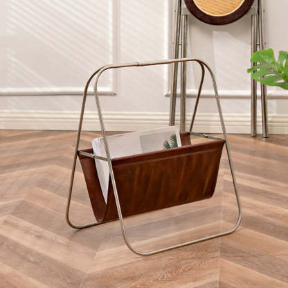 Retro Stainless Steel Leather Triangle Foldable Bookshelves — Brown + Chrome