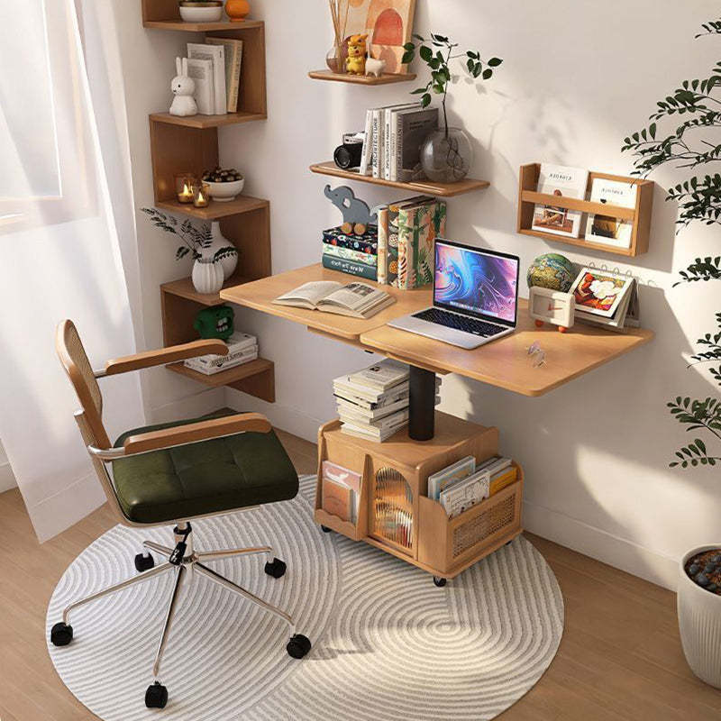 Retro Rattan Glass Wood Metal Liftable Movable Coffee Cart