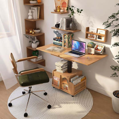 Retro Rattan Glass Wood Metal Liftable Movable Coffee Cart