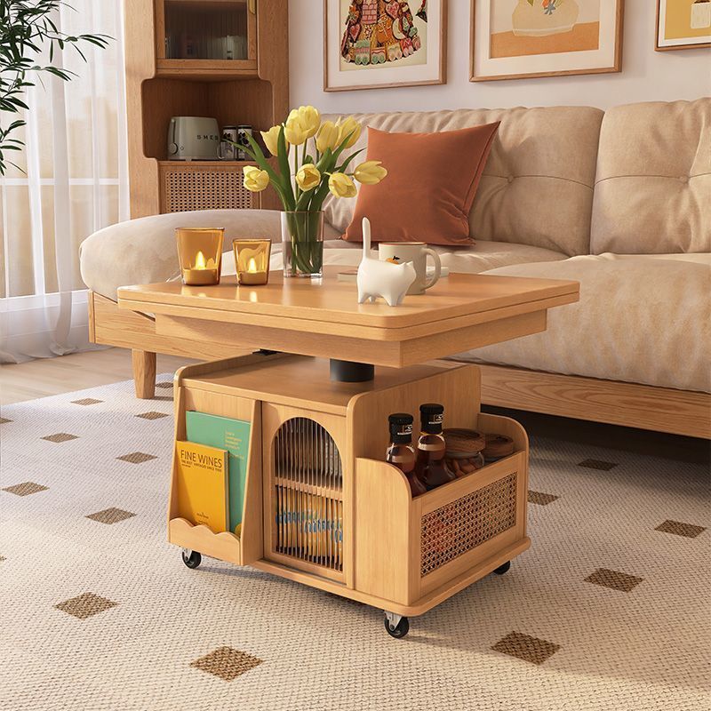 Retro Rattan Glass Wood Metal Liftable Movable Coffee Cart