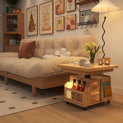 Retro Rattan Glass Wood Metal Liftable Movable Coffee Cart