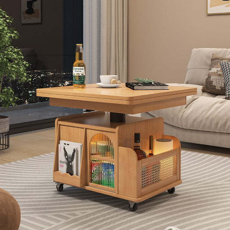 Retro Rattan Glass Wood Metal Liftable Movable Coffee Cart — Wood Color