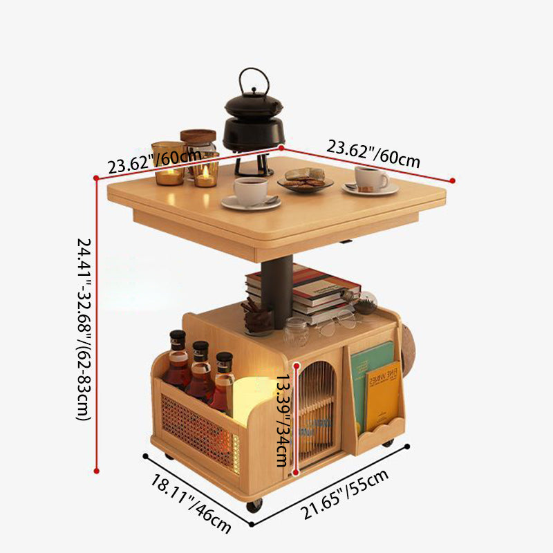 Retro Rattan Glass Wood Metal Liftable Movable Coffee Cart