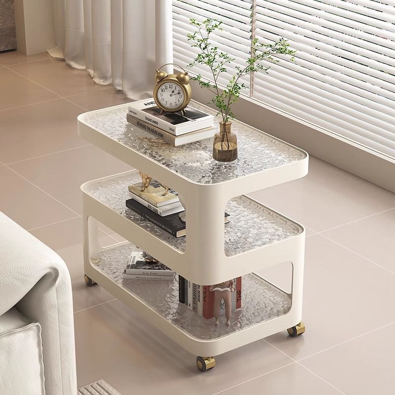 Nordic Glass Iron 3-Tier Movable End Table — Striped Glass / White