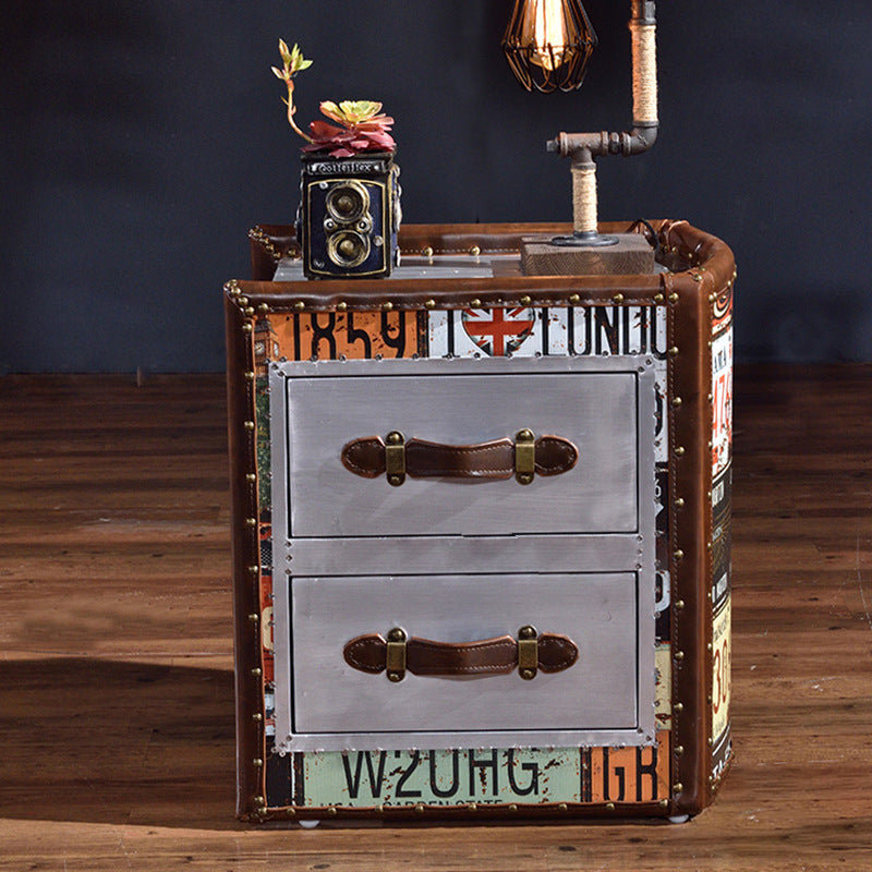 Vintage Wood Leather Book-Shape 2-Drawer Side Table
