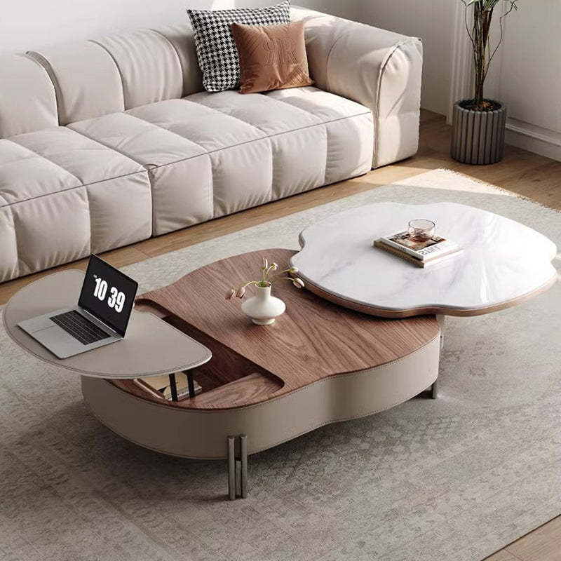 Scandinavian Saddle Leather Cloud Coffee Table — Brown + White + Walnut