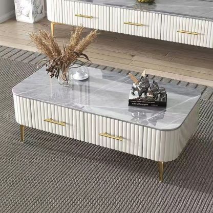 Scandinavian Slab Leather 2-Drawer Coffee Table — White / White