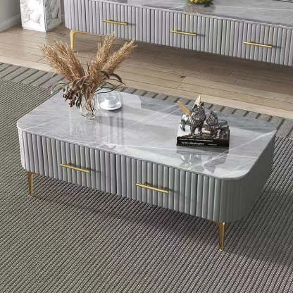 Scandinavian Slab Leather 2-Drawer Coffee Table — White / Gray